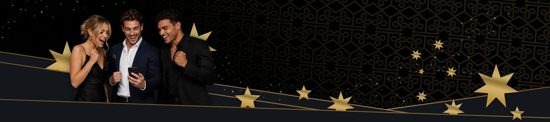 The Clubhouse Casino welcome banner with players celebrating next to the A$5,000 + 200 free spins offer The Clubhouse Casino welcome banner with players celebrating next to the A$5,000 + 200 free spins offer